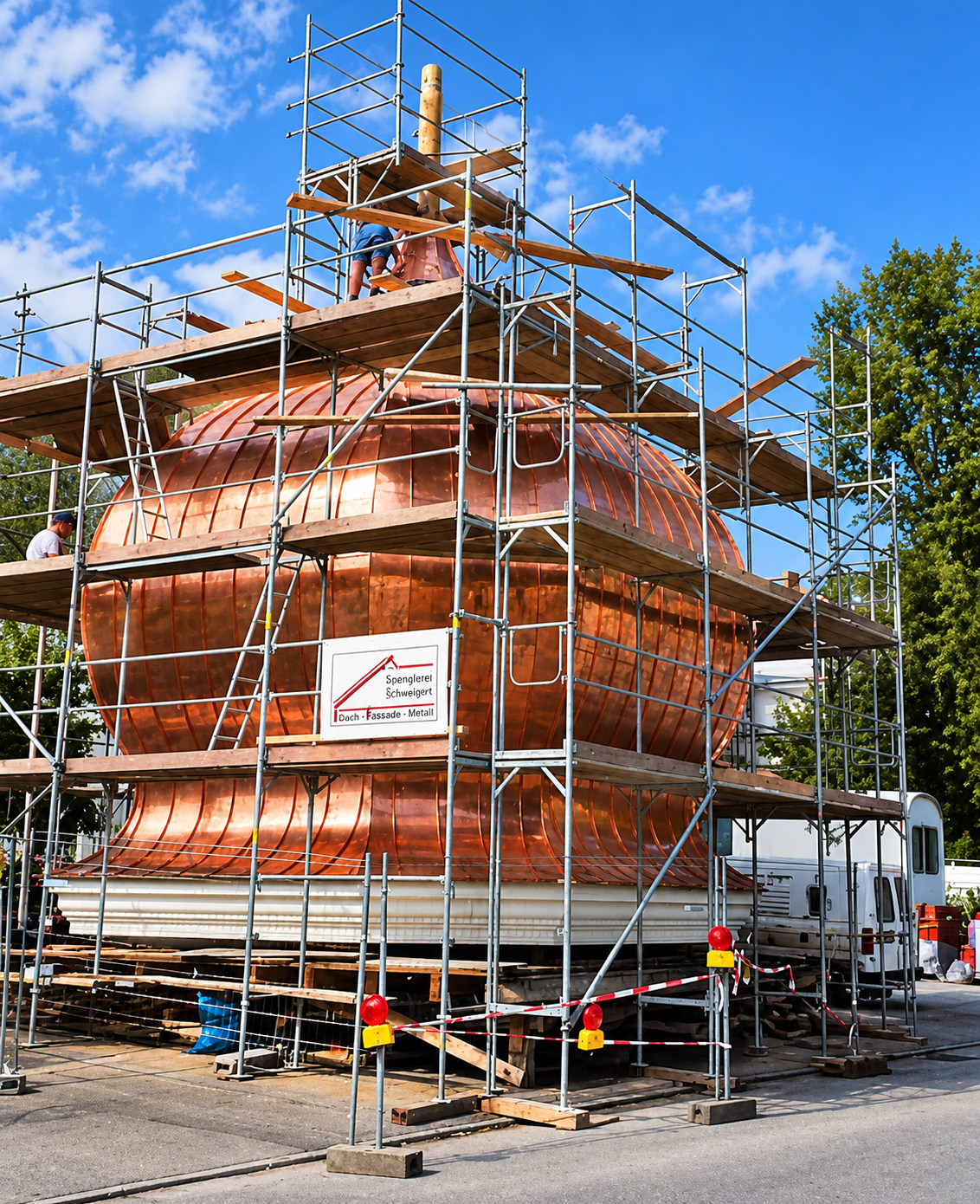 Kupferkuppel im Baugerüst